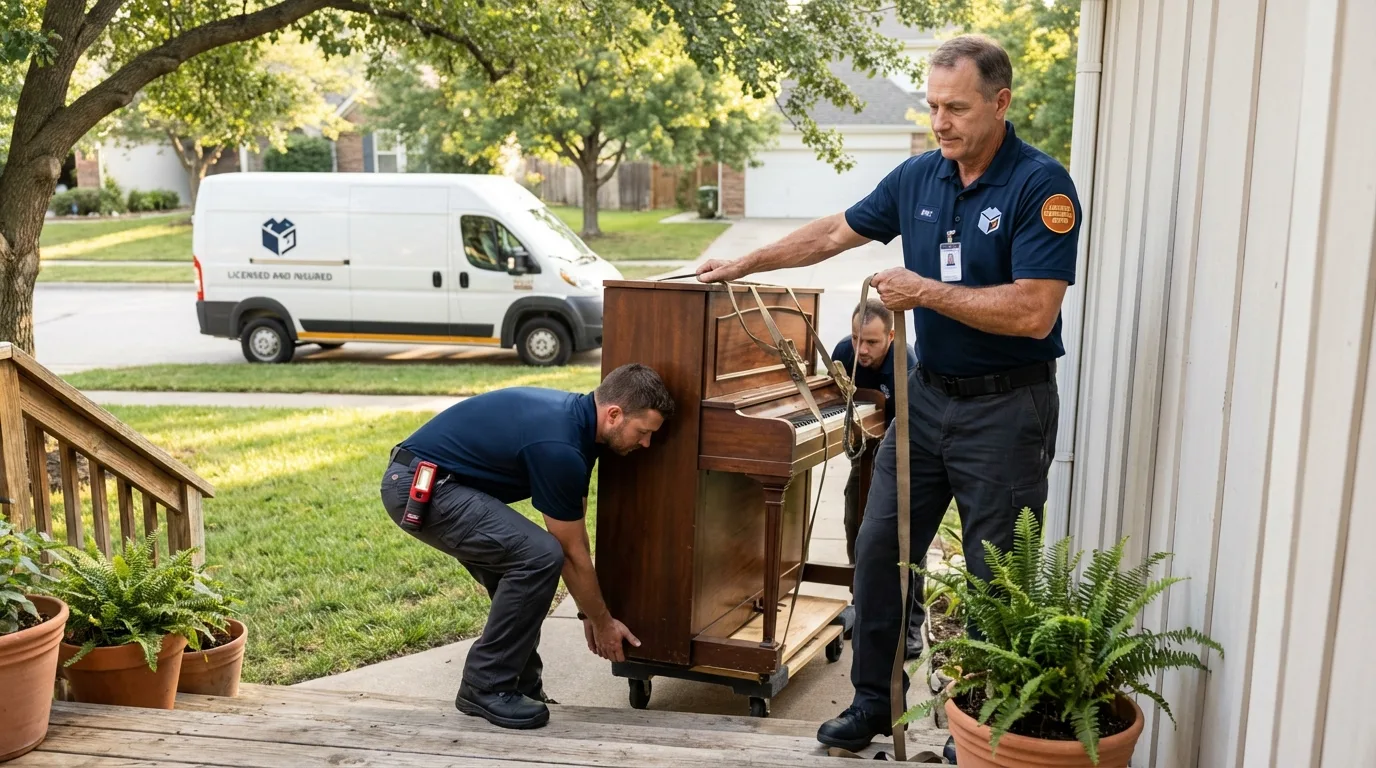 Licensed piano movers securing grand piano in Saint Robert, MO