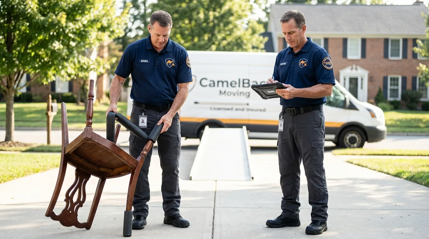 Movers inspecting furniture for damage prevention before loading in Saint Robert, MO
